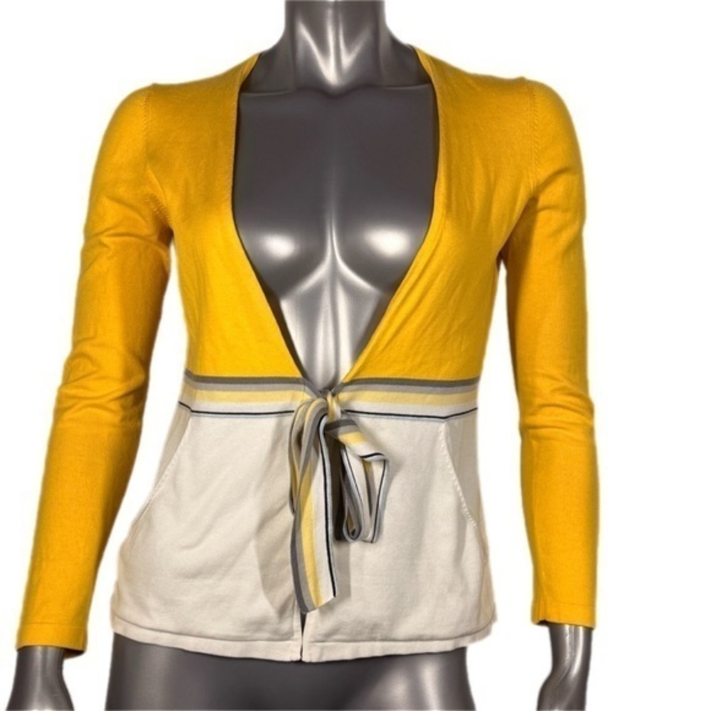 Escada | Tie Front Athletic Cardigan Yellow and Cream Women's Sweater